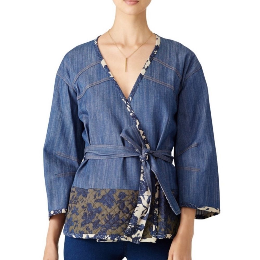 Derek Lam 10 Crosby Denim Kimono Jacket Wrap Belted Floral Patchwork Size 0 | XS
